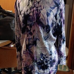 Cj Banks Abstract Floral L/s Sweater In Shades Of Purple 1xlong Sleeve Cardigan